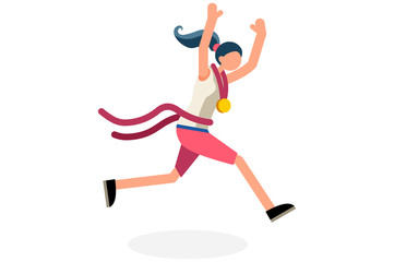 Female person celebrate summer games athletics medal. Sportive people celebrating track and field running team. Runner athlete symbol on victory celebration. Sports cartoon symbolic vector