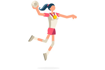 Female person celebrate summer games athletics medal. Sportive people celebrating handball team. Handball player athlete symbol on victory celebration. Sports cartoon symbolic flat vector illustration