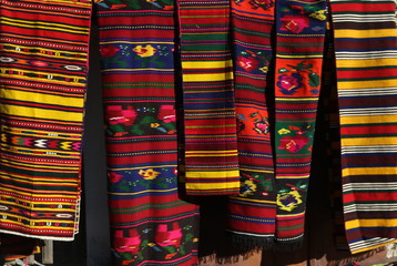 Colorful rugs in the Rhodope village of Shiroka Luka, Bulgaria