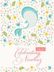 Nowruz greeting card. Text Happy New Year Greeting card with classical symbols of New Year