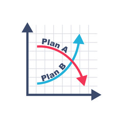 Plan A and plan B on financial chart. Graph on blackboard. Passes to second option. Vector illustration flat design. Alternative idea. Up and down arrow as symbol of success solution and failure.