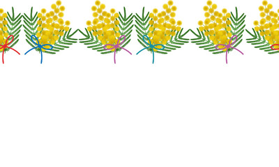 Fototapeta na wymiar Seamless vector border pattern - yellow mimosa. Horizontal. Color lace decoration. Bouquets on an isolated background. Idea for a book, greeting card design, invitation. Floral print. Flat style.