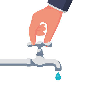 A Person Opens Or Closes A Water Tap. Clean, Eco-friendly Drinking Water. Hand And Crane. Save Water Icon. Vector Illustration Flat Design. Isolated On White Background. Care For Saving Resources.