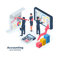 Accounting concept. Teamwork on accounting, planning strategy, analysis, marketing research, financial anagement. Businessmeeting teamwork brainstorming. Vector illustration isometric design.