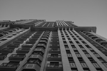 Black and white photo of building of residental complex in Moscow. Uprise photo