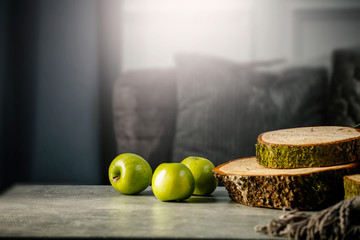 Still life details of the home living room interior on a wooden table with free space for an advertising product