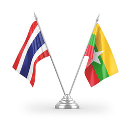 Myanmar and Thailand table flags isolated on white 3D rendering