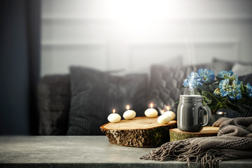 Still life details of the home living room interior on a wooden table with free space for an...