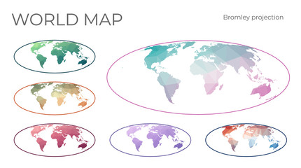 Low Poly World Map Set. Bromley projection. Collection of the world maps in geometric style. Vector illustration.