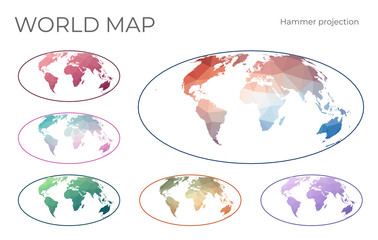 Low Poly World Map Set. Hammer projection. Collection of the world maps in geometric style. Vector illustration.