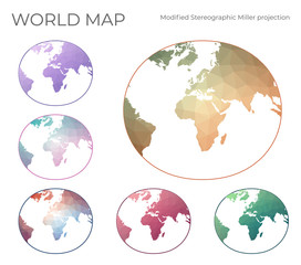 Low Poly World Map Set. Modified stereographic projection for Europe and Africa. Collection of the world maps in geometric style. Vector illustration.