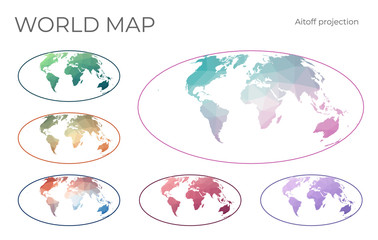 Low Poly World Map Set. Aitoff projection. Collection of the world maps in geometric style. Vector illustration.