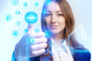 Business, Technology, Internet and network concept. Young businessman working on a virtual screen of the future and sees the inscription: Distribution