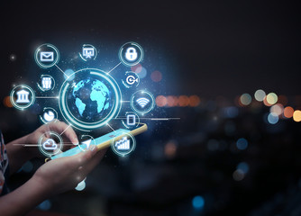 Mobile Apps,Internet of things,IOT concept.Close-up of Hipster man hands using smart phone