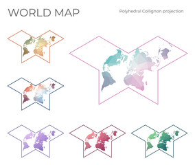 Low Poly World Map Set. Collignon butterfly projection. Collection of the world maps in geometric style. Vector illustration.