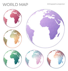 Low Poly World Map Set. Orthographic projection. Collection of the world maps in geometric style. Vector illustration.