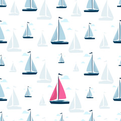 Sailboat background. Yacht club. Sailboat side view. Seamless pattern. Luxury yacht racing, ocean, sailing regatta vector illustration. Sea travel around the world, yacht racing.