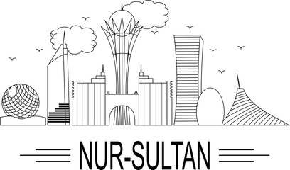  Linear banner of the city of Nur Sultan. Vector illustration. Line art.