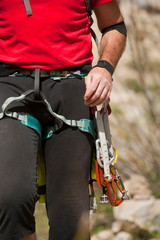 Detail shot, wall-mounted climber, rock climbing equipment