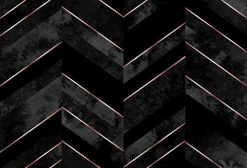 Seamless abstract zigzag geometric pattern with gray watercolor and rose gold lines on black background