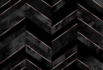 Vlies Fototapete Chevron Nahtloses abstraktes geometrisches Zickzackmuster mit grauen Aquarell- und Roségoldlinien auf schwarzem Hintergrund