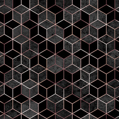 Motif de polygones aquarelles géométriques sans couture en or rose et gris. Fond texturé noir abstrait hexagone doré métallique