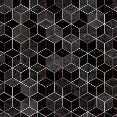 Wall murals Glamour style Seamless geometric rose gold and gray watercolor polygons pattern. Metallic golden hexagon abstract black textured background