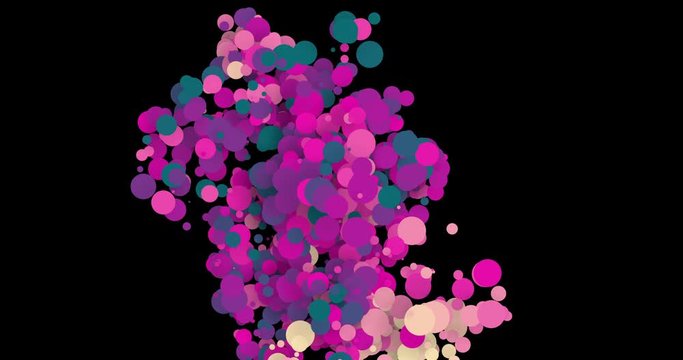 Abstract fluid flat background, lava lamp minimal design with fluid effect on black backdrop. Physics animation of circles bubbles falling as liquid. Flow simulation with particles and buoyant force