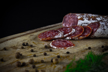 jerky sausage with white mold, meat delicacies