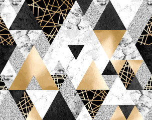 Seamless geometric pattern with gold metallic lines, silver glitter, black watercolor and gray marble triangles