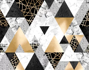 Gardinen Nahtloses geometrisches Muster mit goldenen metallischen Linien, silbernem Glitzer, schwarzem Aquarell und grauen Marmordreiecken © Tamiris