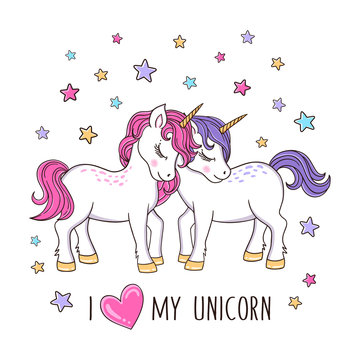  Vector cartoon illustration of cute unicorns and stars on white background