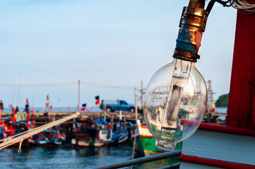 Close Up Light Bulbs on Squid Fishing Boat, Copy Space