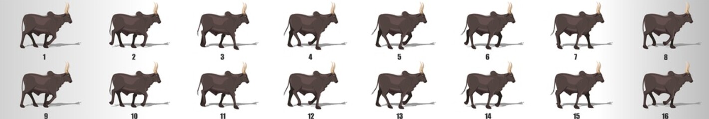Bull walk cycle animation frames, loop animation sequence sprite sheet 