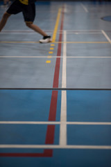 Rubber floor special used for an indoor gym only, seeing with red lines for a volleyball court, yellow lines for a basketball court and white lines for a badminton court. Mixed use floor for school. 