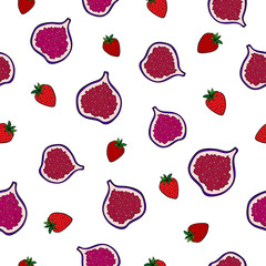Bright fresh sliced figs and strawberry  on white background. Seamless summer fruit pattern.