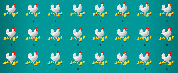 Hen Walk Cycle animation sequence with chiks, loop animation sprite sheet