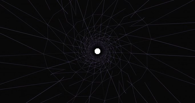 Tunnel seamless in wireframe. Into a tunnel designed with wireframe polygon. Low poly footage wire grid cyberspace example. Vintage style tunnel as retrogaming arcade scenario. 80's background sci-fi