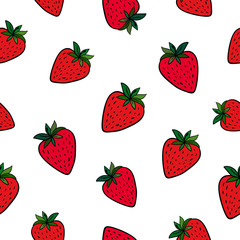 Hand drawn bright strawberry on white background. Seamless fresh doodle summer pattern. Suitable for packaging, textile, wrapping paper.