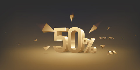  50 percent off discount sale background. 3D golden numbers with percent sign and arrows. Promotion template design.