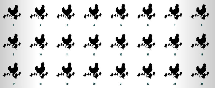 Hen Walk Cycle animation sequence with chiks silhouette, loop animation sprite sheet