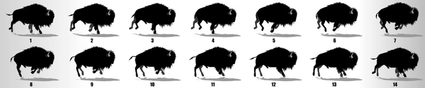 Bison Run cycle animation frames silhouette, loop animation sequence sprite sheet 