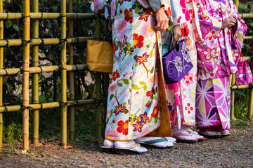 Group picture of ladies in kimono with their bags