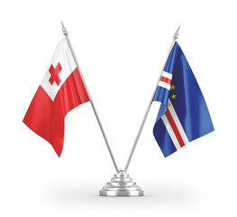 Cabo Verde and Tonga table flags isolated on white 3D rendering