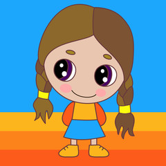 Emoticon with a modest and shy girl who stands with his head bowed, smiles and holds his hands behind his back, vector color emoji on isolated background