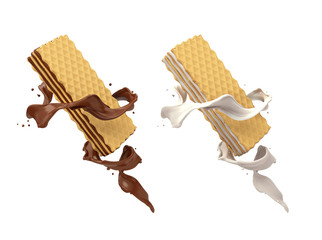 Wafers with chocolate and milk Splash 3d render isolated on white backgrounds.