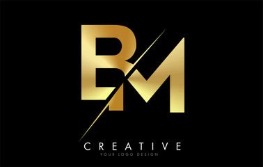 BM B M Golden Letter Logo Design with a Creative Cut.
