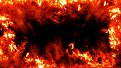 Fototapeta na wymiar Fire burn on black background with copy space. A fiery frame surrounding the screen on black isolated background