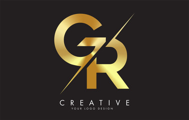 GR G R Golden Letter Logo Design with a Creative Cut.