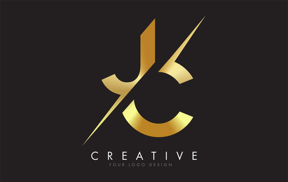 JC J C Golden Letter Logo Design with a Creative Cut.